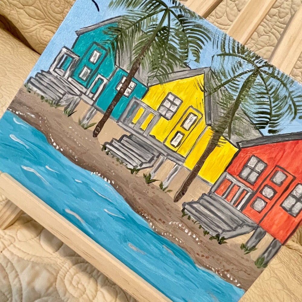 "Beach Bungalows" with Palm Tree, 8 x 10 Acrylic Painting